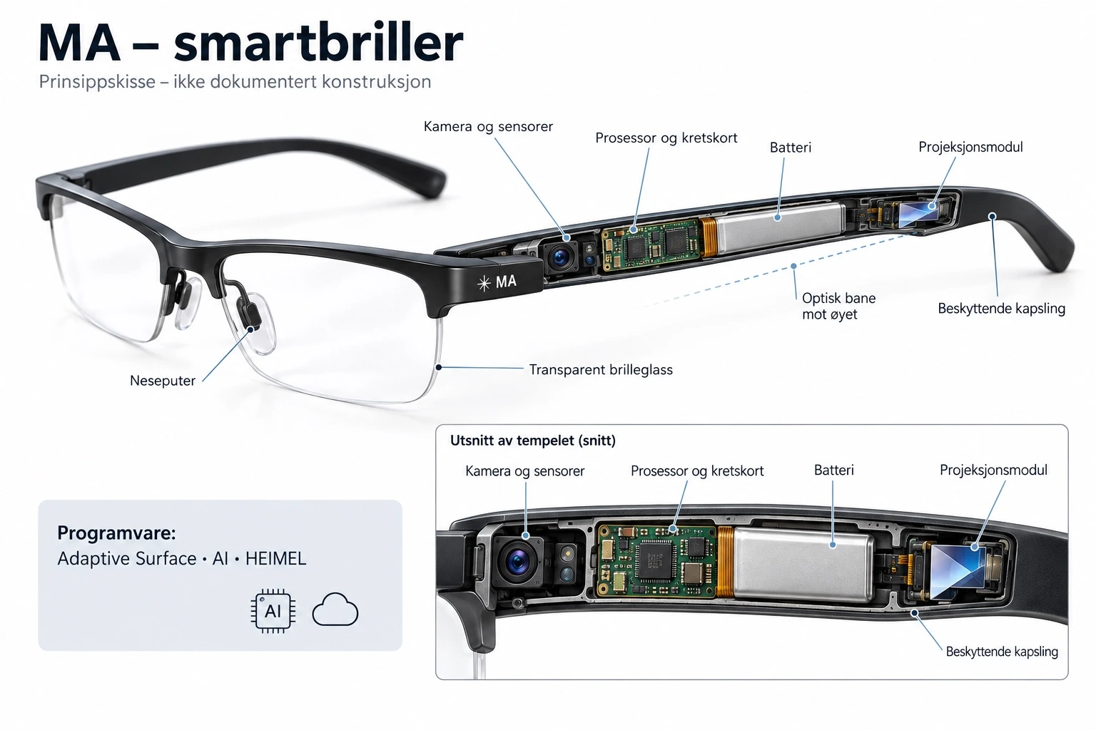 Conceptual cutaway of MA smart glasses showing sensors, processor, battery and projection module.